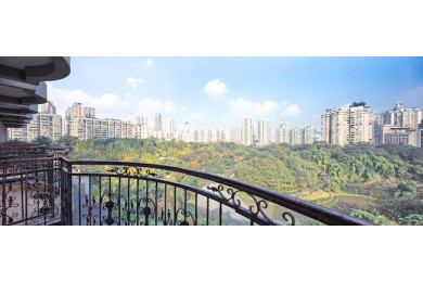 Кованное ограждение балкона с видом на зеленый сад Кованное ограждение балкона с видом на зеленый сад