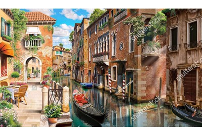 Улица в Венеции с гондолой у террасы