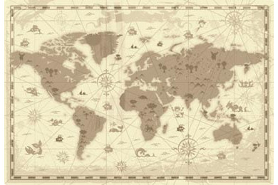 Ретростиль карты мира с горами и монстрами - сепия