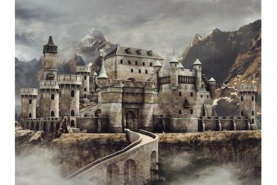 Иллюстрация каменного замка на фоне гор