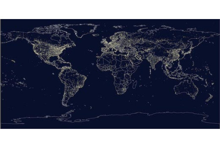 Огни городов Земли на политической карте мира