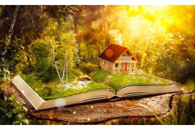 Дом в чудесном лесу на страницах книги в лесу