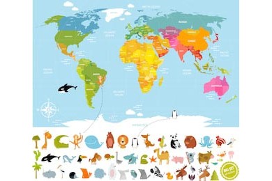 Векторная карта мира для детей с животными