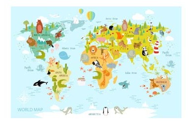 Векторная карта мира с животными для детей
