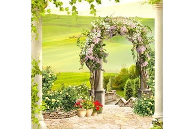 Белая лестница с аркой с плетущимися цветами 