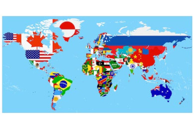 Карта мира с флагами стран на голубом фоне