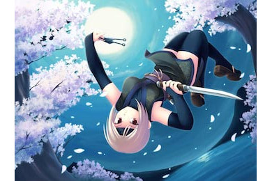 Клинок девушки ниндзя в темном лесу цветущей сакуры