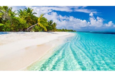 Красивый белоснежный пляж с пальмами на Мальдивах