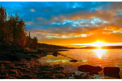 Озеро окруженное лесом на закате дня Озеро окруженное лесом на закате дня