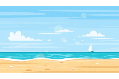 Берег у океана с корабликом на фоне голубого неба