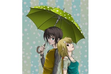 Девочка и мальчик с зонтиком под цветочным дождем