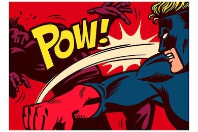 Поп-арт комикс супер герой избивает супер злодея