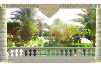 Вид с террасы с белыми большими колонами на сад Вид с террасы с белыми большими колонами на сад