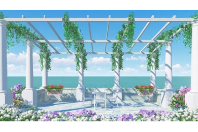 Цветочная терраса со столиками с видом на море Цветочная терраса со столиками с видом на море