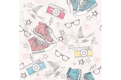Бесшовный рисунок с обуви, фотокамер, очков, звезд