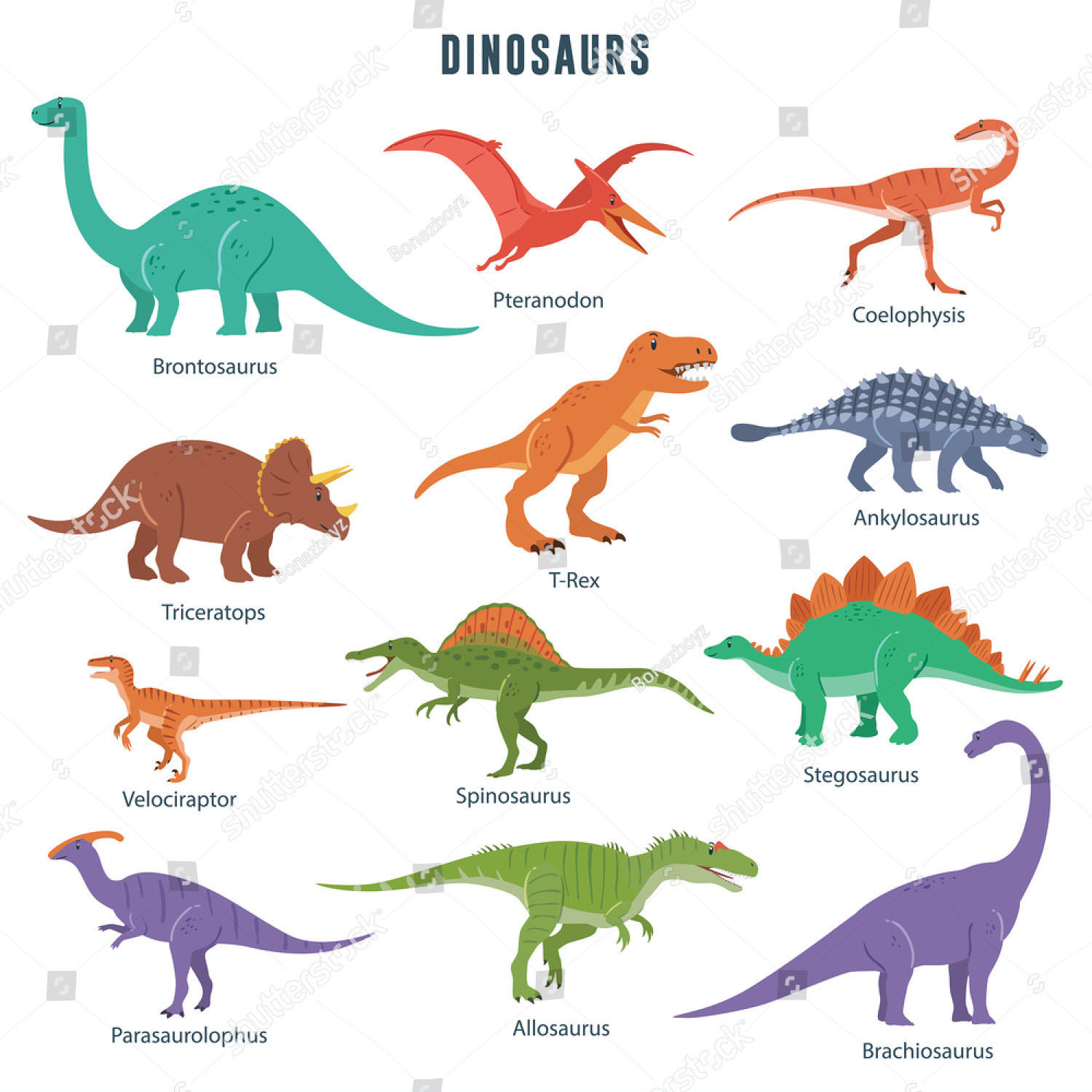 Разноцветные динозавры и их названия на белом фоне ArtWall