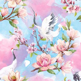 Рисунок цвета вишни птиц на фоне японского мотива