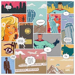 Страница из комиксов о супермене, городе и девушке