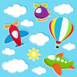 Воздушный шар, самолеты и вертолет в солнечном небе