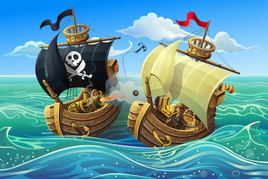 Морская битва кораблей. Нападение пиратов на корабль