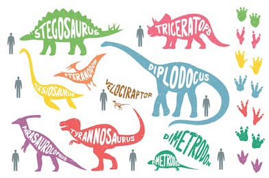 Красочные динозавры с надписью и следами на фоне
