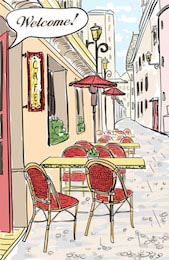 Уличное кафе в старом городе рисованной иллюстрации