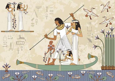 Древний Египет, иероглифы на стене фараонов в лодке