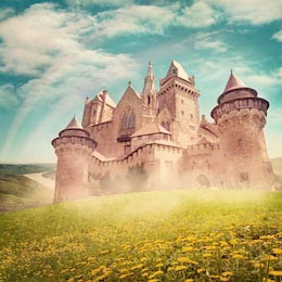 Сказочный замок принцессы из снов на поляне цветов
