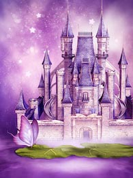 Фиолетовый пейзаж со сказочным замком на воде