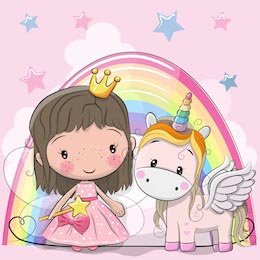 Маленькая принцесса и единорожка на фоне радуги