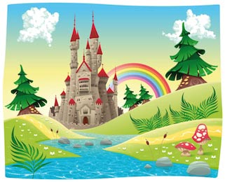 Маленькая речка ведущая к огромному замку с радугой