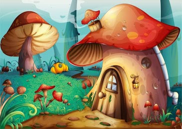 Сказочный грибной домик на полянке с грибами 