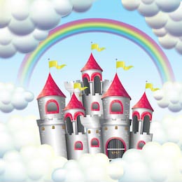 Иллюстрация радуги над красивым сказочным замком