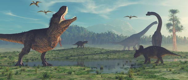 Огромные динозавры у озера в парке