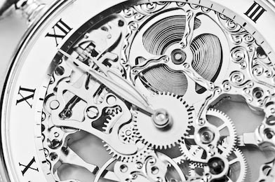 Вид механизма часов в черно-белом стиле