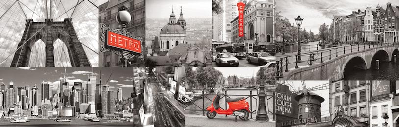 Коллаж черно-белый город с красными элементами