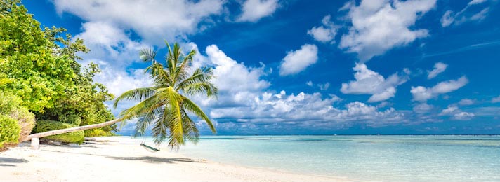 Тропический пляж с песком и голубым океаном