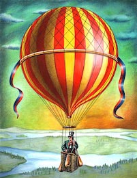 Картина мужчина на воздушном шаре над озером