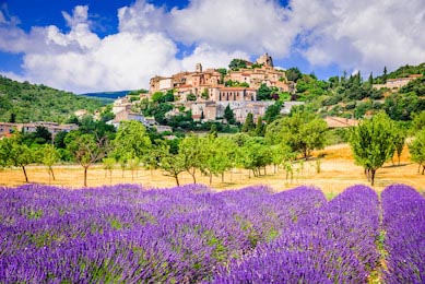 Деревня на холме в Провансе с лавандовыми полями