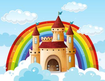 Красивый сказочный замок на облаке с радугой