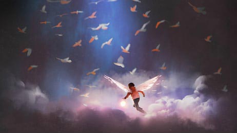 Мальчик с крыльями ангела держит светящийся шар