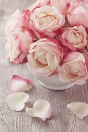 Розовые розы и лепестки на деревянном столе