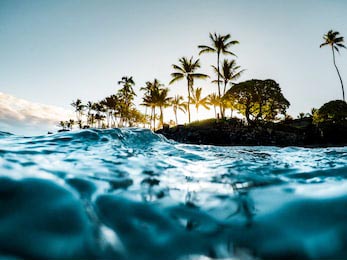 Вид прозрачной воды на тропический остров с пальмами