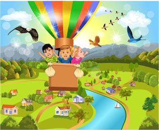Дети летящие над деревней в воздушном шаре 