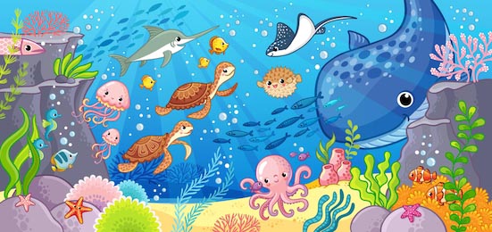 Подводный мир. Мульт-персонажи животных под водой