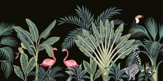 Розовые фламинго, попугаи, обезьяны в тропиках