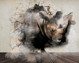 Носорог разрушающий кирпичную стену 