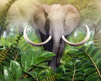 Слон гуляющий по зеленым джунглям