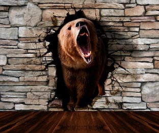 Большой медведь выходит из разрушенной стены