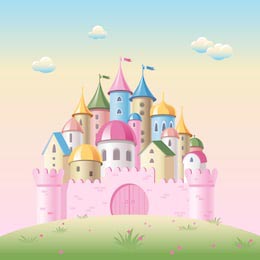 Замок на маленьком холмике с розовыми цветочками